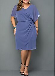 Plus Size Solid V Neck Chiffon Dress |  USD $38.98 - DRESSES H22