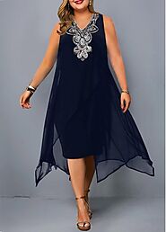 Embellished Neck Sleeveless Asymmetric Hem Plus Size Dress |   USD $44.77