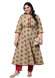 Women Plus Size Cotton Blend Floral Print Anarkali Kurta (Beige)