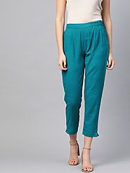 Women Cotton Slub Solid Regular Fit Casual Trouser Pants (TEAL) | Yash Gallery