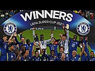 Chelsea players with leg-works dance after UEFA Super Cup victory