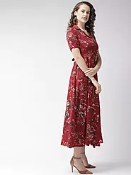 Floral and Maroon Maxi Print Dress