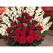 Red Roses and Rajnigandha Flower Bouquet with Basket