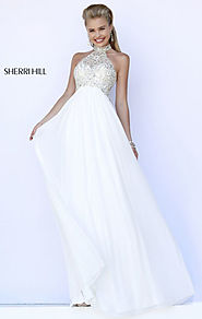 2015 Sherri Hill 5204 Halter-Neck Ivory Beaded Long Bodice Prom Dresses