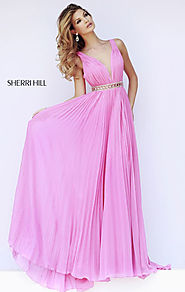 2015 Sherri Hill 11222 Beaded V-Neck Pink Pleated Long Bodice Prom Dresses