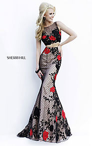 2015 Two-Piece Sherri Hill 11246 Bateau-Neck Black/Red Long Bodice Prom Dresses [Sherri Hill 11246 Black/Red] - $260....