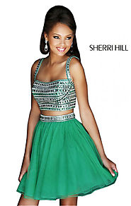 Sherri Hill 11060 Beaded 2014 Emerald Two-Piece Short Bodice Prom Dress