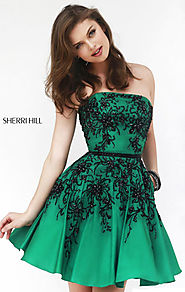 Cheap Sherri Hill 32045 Beaded Emerald/Black Short Pleated Cocktail Dress