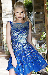 2014 Bateau-Neck Cutout Sherri Hill 8519 Peacock Short Bodice Prom Dress