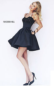 2015 Black Sweetheart-Neck Sherri Hill 32099 Pleated Short Cocktail Dress