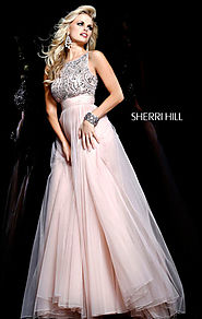 2015 Nude Lace Sherri Hill 11022 Open-Back Long Chiffon Prom Dress