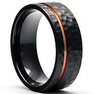 FAGART Black Zirconium Hammered Wedding Ring Offset Rose Gold Stripe