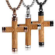 Wood Cross Stainless Steel Men's Necklace Pendant 24" Chain | Gaboni