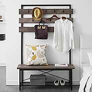 FELLYTN Farmhouse Hall Tree for Entryway, Wood and Metal Coat Rack with Shoe Bench, Storage Shelf Organizer, Accent F...