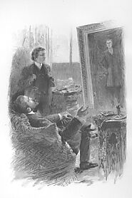 The painter Basil Hallward and the aristocrat Lord Henry Wotton observe the picture of Dorian Gray.