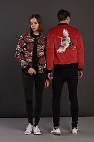 Reversible Red Velvet Crane Sukajan Bomber Jacket for Men and Women