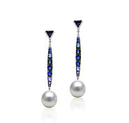 Australian White South Sea Pearl Earrings set in 18k with Blue Sapphires and Diamonds