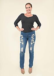 Beaded Floral Detailing Distressed High-waist Jeans