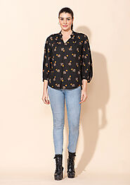 Floral Printed Placket V-Neck Gathered Top