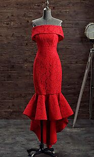 Off Shoulder Red Lace Short Mermaid Prom Dresses with Fishtail P492 – promboutiqueonline