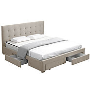 Levede Bed Frame King Fabric With Drawers Storage Beige - Fabdeal
