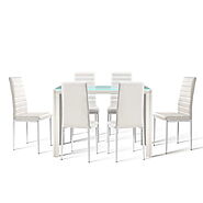 Artiss Astra 7-piece Dining Table and Chairs Dining Set Tempered Glass Leather Seater Metal Legs White - Fabdeal