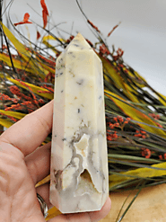 Shop This White Dendritic Agate Tower with Natural Cavern Online