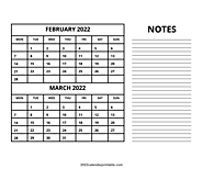 Two Month Calendar February March 2022 - USA Holidays and Festivals
