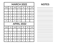 March April 2022 Calendar with Notes - Best Printable Calendars