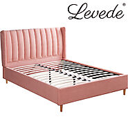 Levede Bed Frame Velvet Base Bedhead Headboard Queen Size Wooden Platform Pink - Fabdeal