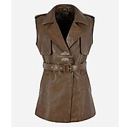 Women Leather Designer Vest Belted Lambskin Leather Collared Long Waistcoat 7424