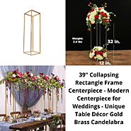 39" Collapsing Rectangle Frame Centerpiece - Golden Brass Candelabra for Tabletop Decoration