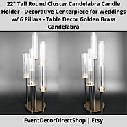 22" Tall Round Cluster Candelabra Candle Holder - Decorative Centerpiece for Weddings w/ 6 Pillars