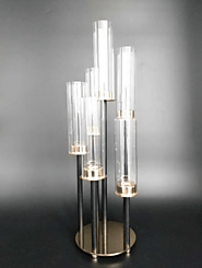22" Tall Round Cluster Candelabra - Table Décor Candle Holder w/ 6 Pillars - Golden Brass Candelabra