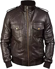 Men’s Rib Knit Erect Collar Biker Brown Leather Jacket - Vanquishe