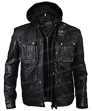 Mens Brando Biker Black Leather Jacket With Detachable Hood - LJB