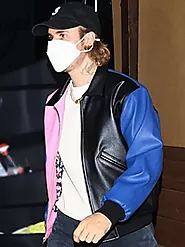 Justin Bieber Singer Pink Blue and Black Bomber Leather Jacket