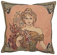 Mucha Spring Season, Gobelin Belgian Tapestry, Throw Pillow Cover, 18x18, Couch Pillow Case