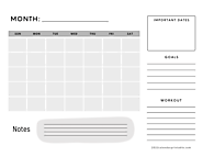 Printable Blank Monthly Calendar with Notes - Workout and Goal Planner Template