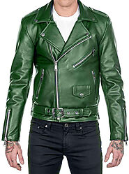 Mens Motorcycle Green Leather Jacket - Classic Brando Biker Leather Jacket Men