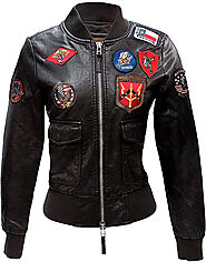 Flight Aviator Patches Top Womens Gun Real Leather Bomber Jacket
