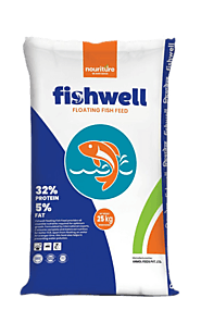 Increase fish farming with Fishwell 32/5-2mm 25kg floating fish feed.