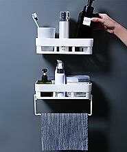 Wolpin Wall Shelves (2 Pc with Towel Hanger) Kitchen Bathroom Shelf Self-Adhesive Sticker Hooks Multipurpose Wall Hol...