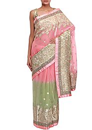 Shaded saree in green and pink adorn in gotta patti lace