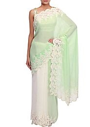 Half and half saree in green and off white embellished in thread embroidery