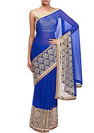 Royal blue saree adorn in zari embroidery 