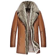 Cwmalls Mens Raccoon Fur Collar Fur Leather Coat