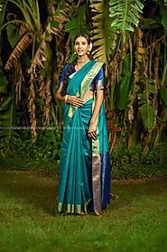 Sea Green Blue and Navy Blue color silk sarees with all over small buties design -SILK0002298