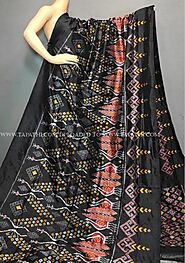 Black and Peach color pochampally ikkat pure silk handloom saree with pochampalli ikkat design -PIKP0017236