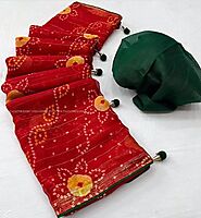 Red and Pine Green color Chiffon sarees with printed design saree -CHIF0001306